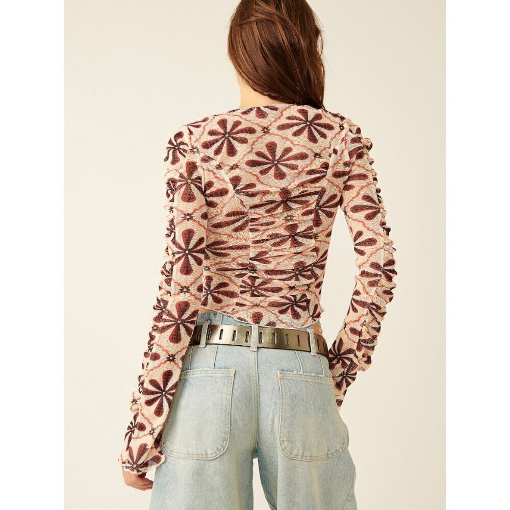 Free People Floral V-Neck Blouse Cardi in Cream and Brown - Picture 3 of 6